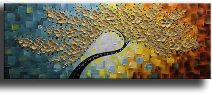 YaSheng Art -Large Wall Art ,100% Hand Painted Gold Flowers Contemporary Art Oil Painting,3D Wall Art Texture Floral Tree Paintings, Wall Art for living room Bedroom Office Wall Deco Home, Abstract Canvas Art Paintings Framed Wall Art Pictures 60 by24 ...