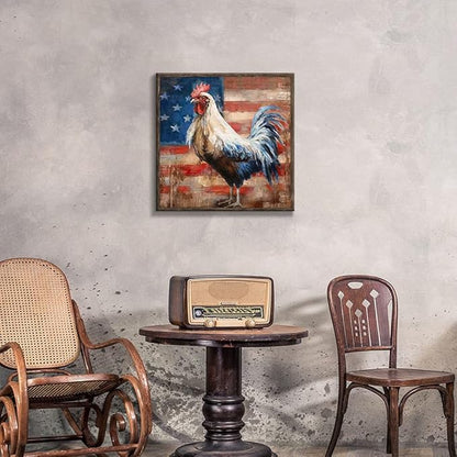 Rooster Wooden Wall Art Decor: Farm Animal Picture Country Cock Flag Framed Artwork Farmhouse Chicken Painting is the Perfect Combination of Energy Nature for the Kitchen Country House 20"x20"