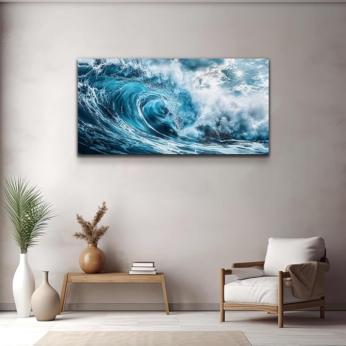 ERQINHUA Large Canvas Wall Art For Living Room Wall Decor For Bedroom Ocean Inspiration Wall Pictures Office Decorations Blue Wave Wall Paintings Modern Home Wall Decor Art Ready To Hang 24"X48"