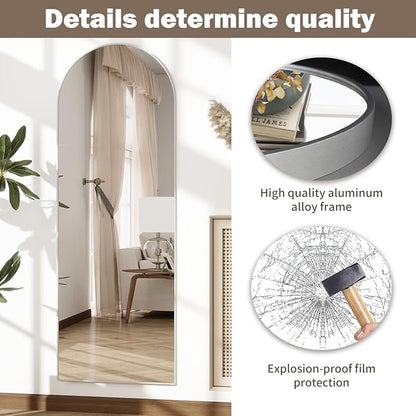 Dewfig Arched Full Length Mirror, 64''x21 Large Floor Mirror, Full Body Mirrors for Leaning or Hanging, Standing Mirrors for Bedroom, Living Room,Dressing Room, Aluminum Alloy Frame, Silver