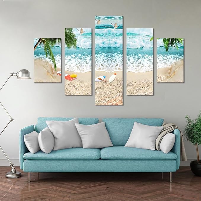 Surfing Waves Beach Picture Paintings Canvas Wall Art for Living Room Bedroom Home Decor Prints and Posters Modern Seascape Landscape 5 Panels Framed Stretched Gallery Wrap Giclee (60''W x 40''H)