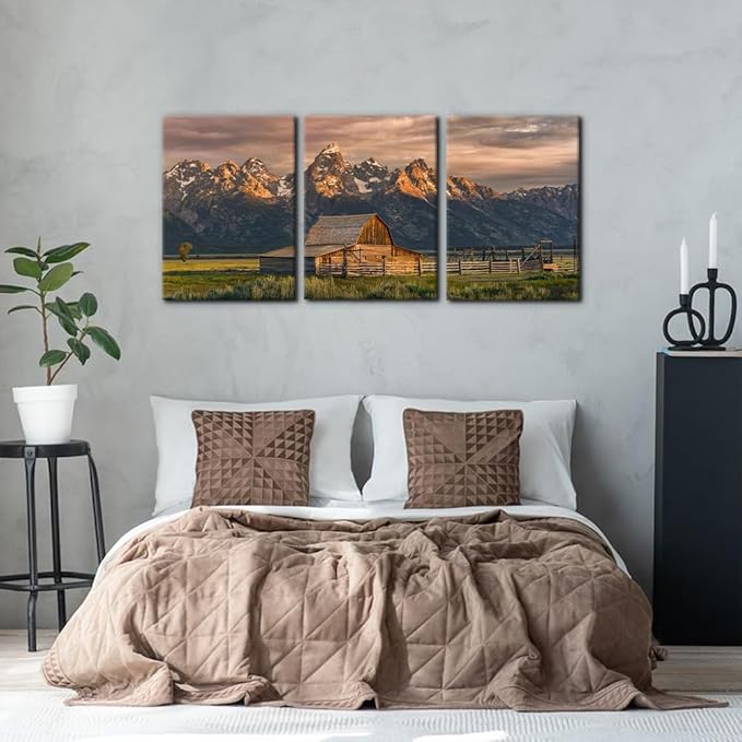 Pacimo Country Paintings for Wall Grand Canyon Picture Art Nature Landscape Artwork 3 Pieces Log Cabin Modern Wall Art Giclee Home Decorations for Living Room Framed Ready to Hang - 20"x28"x3 Panels
