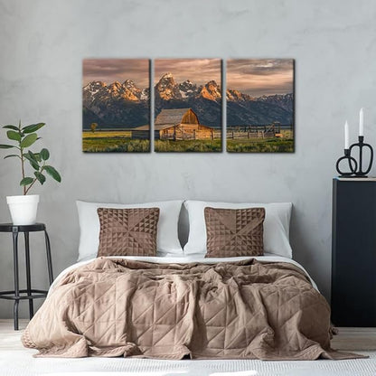 Pacimo Country Paintings for Wall Grand Canyon Picture Art Nature Landscape Artwork 3 Pieces Log Cabin Modern Wall Art Giclee Home Decorations for Living Room Framed Ready to Hang - 20"x28"x3 Panels