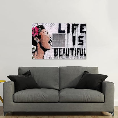 Yatsen Bridge Graffiti Street Art Banksy Art Women Painting Print on Canvas Life is Beautiful Home Artwork for Living Room Bedroom Decoration Framed Ready to Hang - 36" W x 24" H