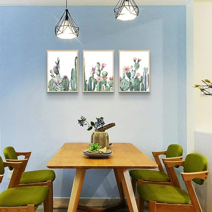Natural Wood Framed Wall Art For Living Room & Bedroom Decor - Green Succulent Cactus Paintings - 3 Piece Framed Art Prints