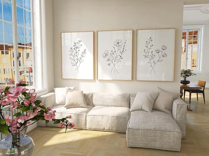 HLUSSBLIEB 3Pcs beige floral art，minimalist botanical line art，modern black and white wall art，Neutral Botanical Floral Wall Art，for Living Room Bedroom Office （16 * 24in） Unframed