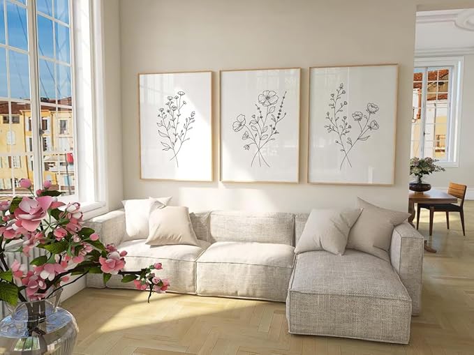 HLUSSBLIEB solid wood frame，3Pcs beige floral art，minimalist botanical line art，modern black and white wall art，Neutral Botanical Floral Wall Art，for Living Room Bedroom Office （16 * 24in