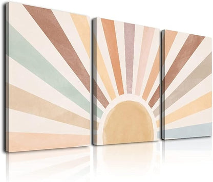 Boho Sun Wall Art Set of 3, Framed Canvas Wall Art Rainbow Sun Rising on the Horizon Geometric Nature Illustrations Line Art Wall, Office, 12"x16" Watercolor