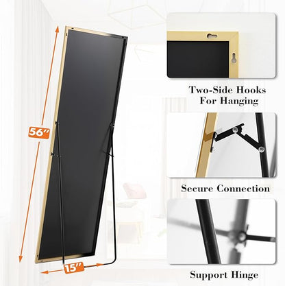 Sweetcrispy 56"x15" Full Length Mirror, Full Body Mirror with Aluminum Alloy Thin Frame, Leaning or Standing, Suitable for Bedroom, Livingroom, Cloakroom, Gold