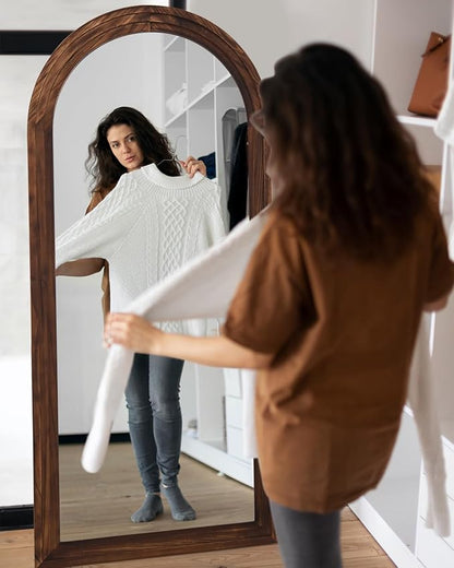 Full Length Mirror, 71"x32" Wooden Mirror Full Length with Stand Wood Floor Mirror, Oversized Stand Up Mirrors Large Wall Mirrors, Wall Mounted Mirrors, Arched Wood Style, Walnut