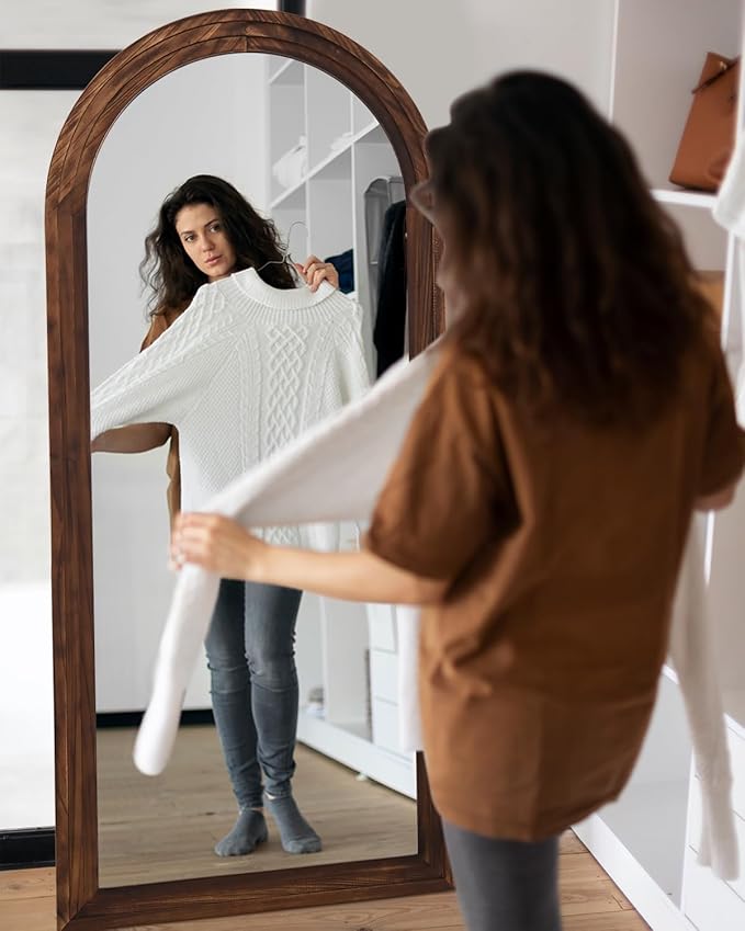 Full Length Mirror, 76"x34" Wooden Mirror Full Length with Stand Wood Floor Mirror, Oversized Stand Up Mirrors Large Wall Mirrors, Wall Mounted Mirrors, Arched Wood Style, Walnut