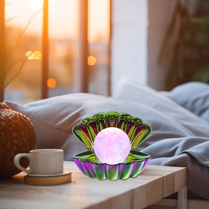 LKUA Shell Pearl Beach Themed Night Light, RGB 8 Colors Changing Mood Shell Pearl Lamps, Bedside LED Clamshell Portable Night Lights for Bar (Electroplating Colorful)