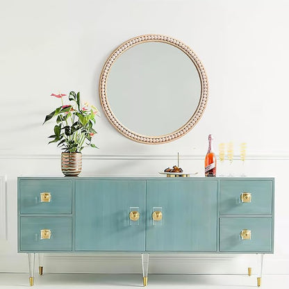 Antique Gold Round Wall Mirror 20", Ornate Beaded Metal Frame Mirror for Bathroom, Vintage Farmhouse Circle Accent Mirror for Bedroom Living Room Entryway or Vanity with Distressed Whitewashed Finish