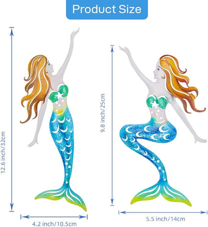 Metal Mermaid Wall Art, Ocean Indoor/Outdoor Art, Fish Wall Art for Bathroom, Kitchen, Garden & Pool (2 Pcs)