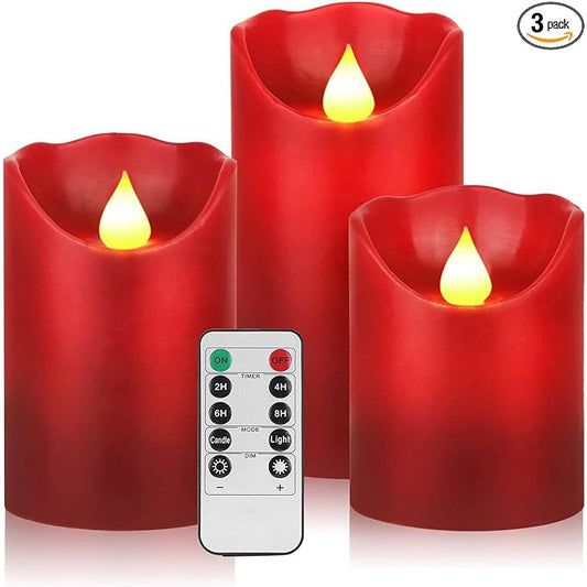 YIWER Flameless Candles Set of 3, Φ3.15 xH 4"/5"/6" Real Wax Not Plastic Pillars Include Realistic Dancing LED Flames and 10-Key Remote Control with 2/4/6/8-hours Timer Function,300+ Hours (3×1, Red)