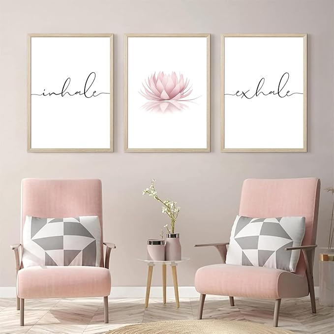Inhale Exhale Wall Art Zen Canvas Decor Yoga Lotus Wall Art Calming Meditation Artwork Pink Yoga Poster Zen Pictures Painting for Living Room Bedroom 16x24 Inch Wood Framed Set of 3