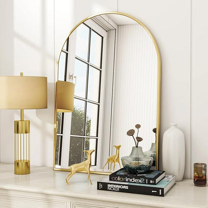 VooBang Arched Wall Mirror, 26 x 41 inch Arch Bathroom Mirror, Wall Mounted Vanity Mirror with Arch Metal Frame, Modern Bathroom Vanity Mirror for Bedroom, Living Room, Hanging or Leaning, Gold