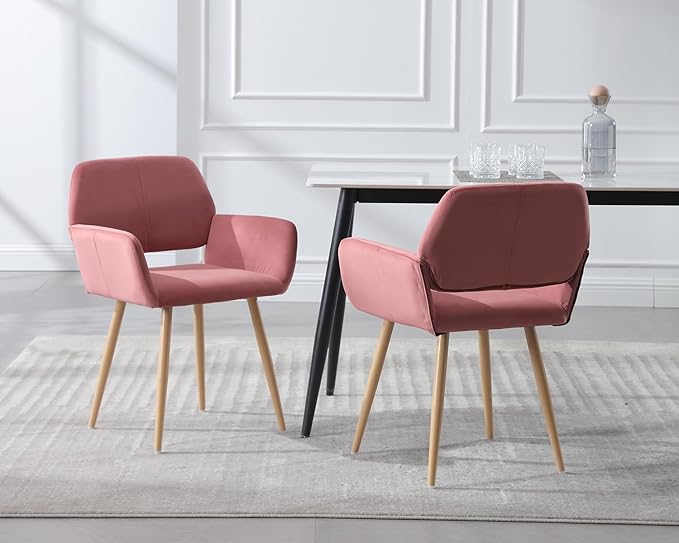 KCC Small Modern Dining Room Arm Chairs Set of 2, Mid-Century Upholstered Velvet Side Seat Club Guest with Metal Tube Legs for Kitchen, Living Room, Rose