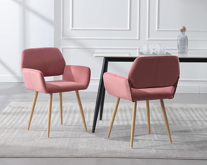 KCC Small Modern Dining Room Arm Chairs Set of 2, Mid-Century Upholstered Velvet Side Seat Club Guest with Metal Tube Legs for Kitchen, Living Room, Rose
