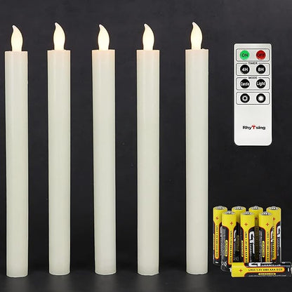 Rhytsing 10" Ivory Flameless Taper Candles with Timer, Battery Operated Dinner Candlesticks, Push-Activated, Textured Wax Finish, Warm White Light, Remote & 10 Batteries Included - Set of 5