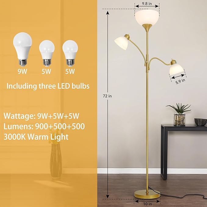 RISLG Floor Lamps for Living Room,Standing Lamp with Stepless Dimming, 3 Lights Adjustable Reading Lights, Morden Tall Lamps for Living Room, Bedroom, Office, Gold