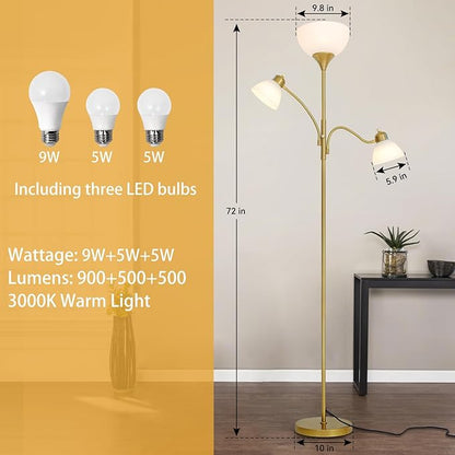 RISLG Floor Lamps for Living Room,Standing Lamp with Stepless Dimming, 3 Lights Adjustable Reading Lights, Morden Tall Lamps for Living Room, Bedroom, Office, Gold