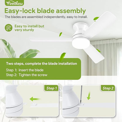 42" White Ceiling Fans with Lights and Remote, Low Profile Ceiling Fan with Light, Reversible DC Motors, 3CCT Dimmable Timer Noiseless, Flush Mount Ceiling Fan for Bedroom/Living Room