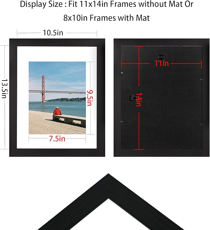 Black Wooden 11x14 Picture Frame set of 2, Display 11x14 Picture without Mat or 8x10 Picture with Mat