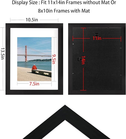 Black Wooden 11x14 Picture Frame, Displays 11x14 Picture without Mat or 8x10 Picture with Mat
