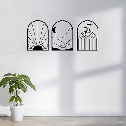 GSANMU Metal Minimalist Wall Decor - 3 Pcs black Bohemian Hanging Wall Single Line Art Wall Sculptures for Living Room,bathroom and staircase 17×11.8 inch
