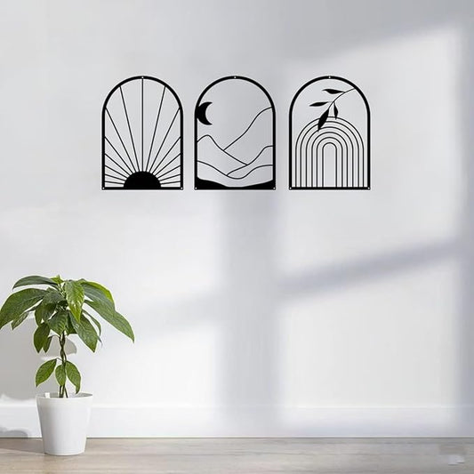 GSANMU Metal Minimalist Wall Decor - 3 Pcs black Bohemian Hanging Wall Single Line Art Wall Sculptures for Living Room,bathroom and staircase 17×11.8 inch