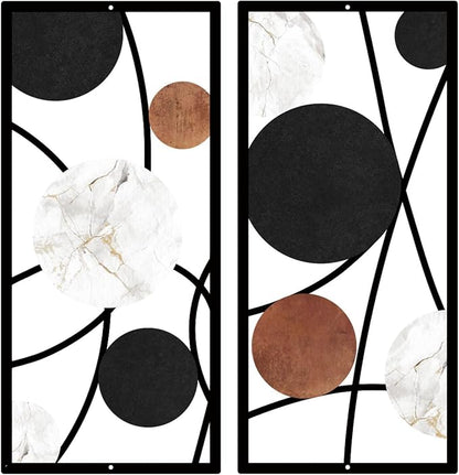 ruelen 2 Pieces Metal Wall Art，Abstract Geometric Circle Decor with Marble Texture, Modern Minimalist Black White Brown Wall Sculpture for Living Room，Bedroom，Office