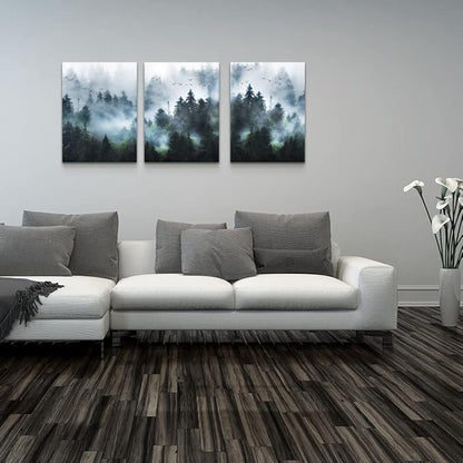 DZRWUBHS Canvas Wall Art - Modern Family Decor For Living Room, Bedroom & Office - Foggy Forest Trees Landscape Wall Painting - 3 Piece Set