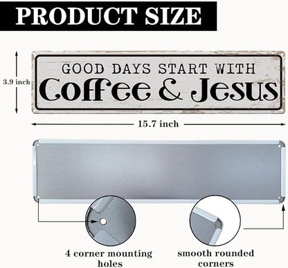 Coffee Signs for Coffees Station Decor, Good Days Start with Coffee & Jesus, Vintage Metal Tin Sign for Home Kitchen Garage Cafe Decor, Coffees Lover Gifts, Decorative Metal Wall Signs 15.8x4 Inches