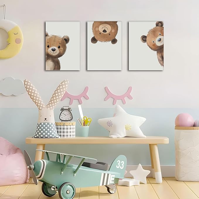 AOYUSMO 3 Piece Baby Bear Canvas Wall Art Nursery Funny Animal Wall Art Cute Bear Pictures Wall Decor Kids Baby Boy Animal Art Prints for Children's Room Bedroom 12"X16" Framed