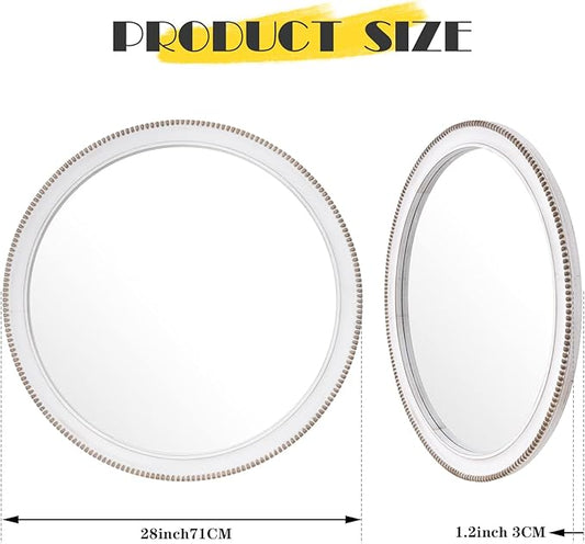 sawsile Round Wood Mirror,28 inch Circle Rustic Farmhouse White Wooden Frame Boho Beads Wall Mirror for Bathroom,Living Room,Bedroom or Entryway