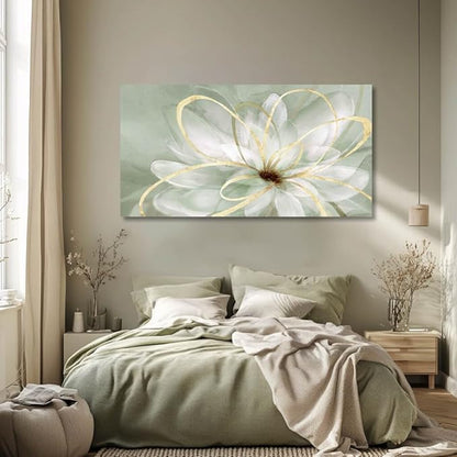 Artexist Flower Wall Decor White Blossom Plant Gold Line Canvas Painting Modern Hand Painted Wall Art for Living Room Bedroom Office 29x58 Inch
