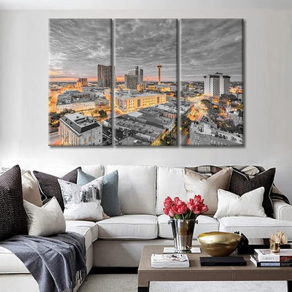 TUMOVO 3 Panels San Antonio Texas Nighttime Lightscape Modern Home Decor Beautiful City Skyline Canvas Paintings for Bedroom, Living Room, Office. Posters and Prints Framed Ready to Hang (42" Wx28 H)