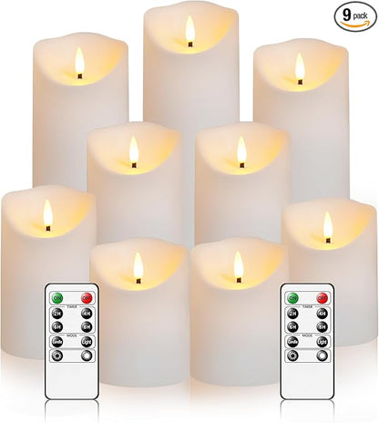 Nimiko Flameless Candles with Remote, Battery Operated Flickering Flameless Candles, LED Candles with Timer 2/4/6/8H, with Realistic LED Candles Set of 9 (D3 x H 3" 4" 5" 6" 7") (White)