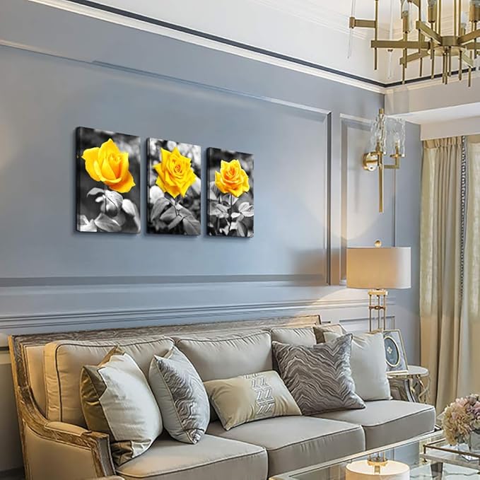 Canvas Wall Art For Bedroom Living Room Bathroom Wall Decor For Kitchen Wall Pictures Artwork Black And White Yellow Rose Flowers Paintings 12" X 16" 3 Pieces Framed Modern Office Home Decorations