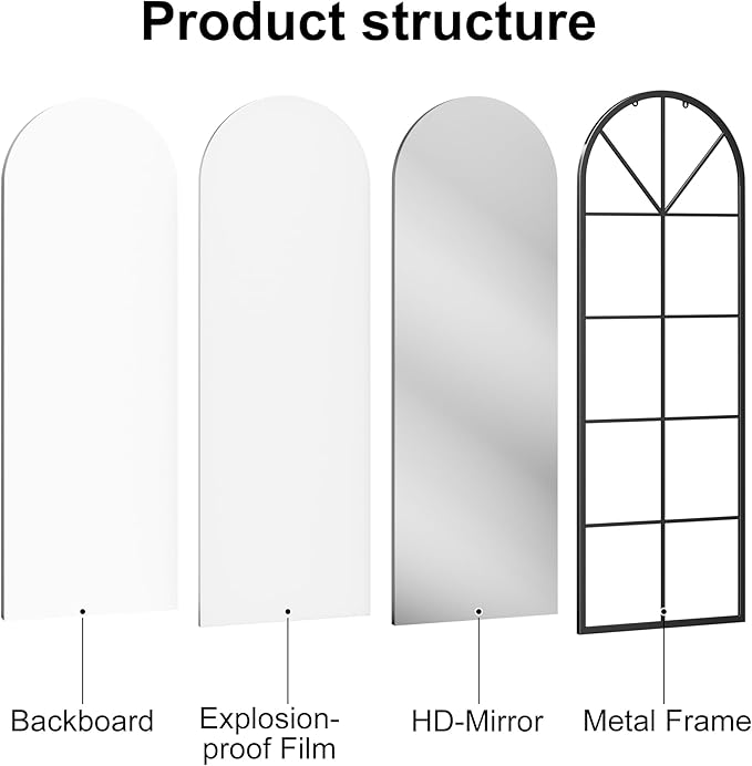 OGCAU Full Length Arched Floor Mirror, 65"x22" Window Pane Design, Decorative Hanging or Leaning, Full Body with Iron Frame for Bedroom Living Room (Black)