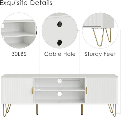 TV Stand for 55-65 Inch TV, Entertainment Center with Soft Hinge Door,TV Console Table with 2 Cabinets with Gold Handle and Feet,for Living Room, Bedroom, White