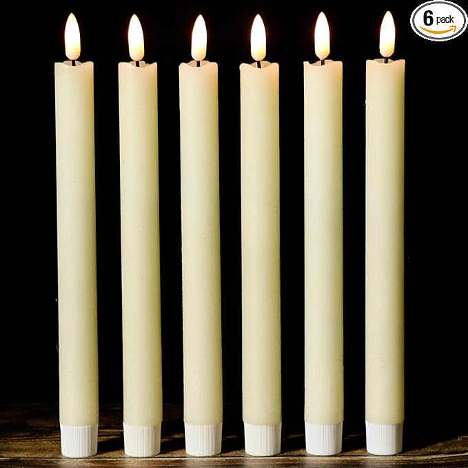 Ivory Flameless Taper Candles Battery Operated with 6H Timer, Real Wax 3D Wick Flickering LED Taper Candles Dinner Wedding Holiday Decor(6 Pack, 0.78 x 9.64 Inches)
