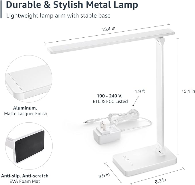 Lepro LED Desk Lamp with USB Charging Port, 700LM Dimmable Home Office Touch Control Reading Table Lamp,5 Color Modes with 5 Brightness Level, Dorm Room Essentials, Task Lamp, Sewing, Crafting, White