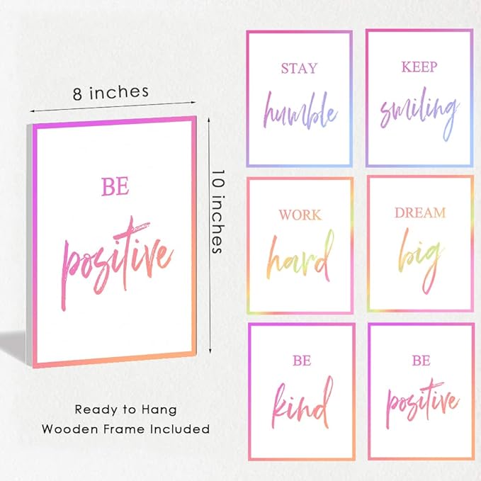 Motivational Wall Art for Women, Framed Inspirational Wall Art Canvas Positive Quote for Living Room Bedroom Office, Stretched Ready to Hang (Set of 6, 8X10in, Framed)