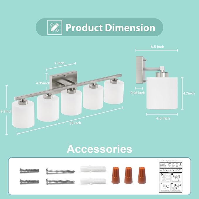 Honesorn Modern Vanity Lights - 5-Light Bathroom Fixture with Frosted Shade & Anti-Rust Nickel Finish