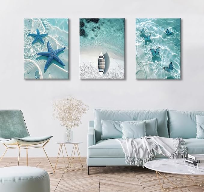 Ocean Wall Art Beach Canvas Print Starfish Shell on Teal Board Paintings Coastal Seascape Picture Blue Butterfly Artwork for Home Kitchen Bathroom Living Room Wall Decor Ready to Hang 16"x24"x3pcs