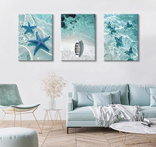 Ocean Wall Art Beach Canvas Print Starfish Shell on Teal Board Paintings Coastal Seascape Picture Blue Butterfly Artwork for Home Kitchen Bathroom Living Room Wall Decor Ready to Hang 16"x24"x3pcs