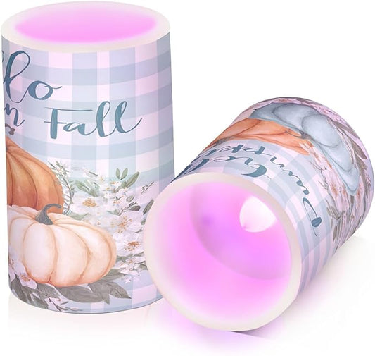 ALAZA Fall Autumn Pumpkins Teal Buffalo Plaid Flickering Flameless Candles Battery Operated with Remote Timer,Tea Light Candles LED Pillar Votive Candles Set of 2 for Outdoor Indoor Decorations