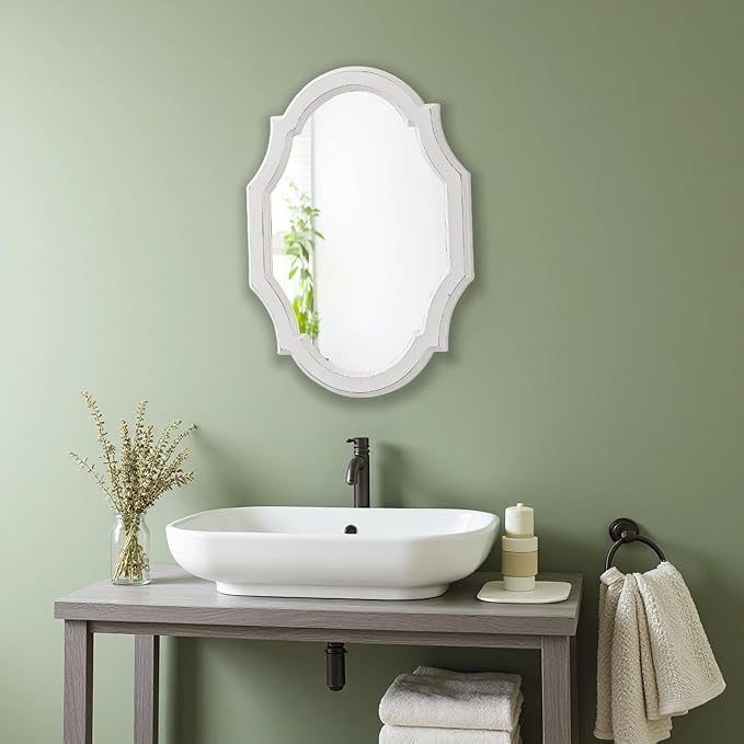 Vintage Oval Mirrors for Wall Decor Living Room 24 X 18 Inch, Hanging Decorative Scalloped White Mirrors, Distressed Wood Frame Unique Mirror for Entryway Bathroom, Horizontally or Vertically